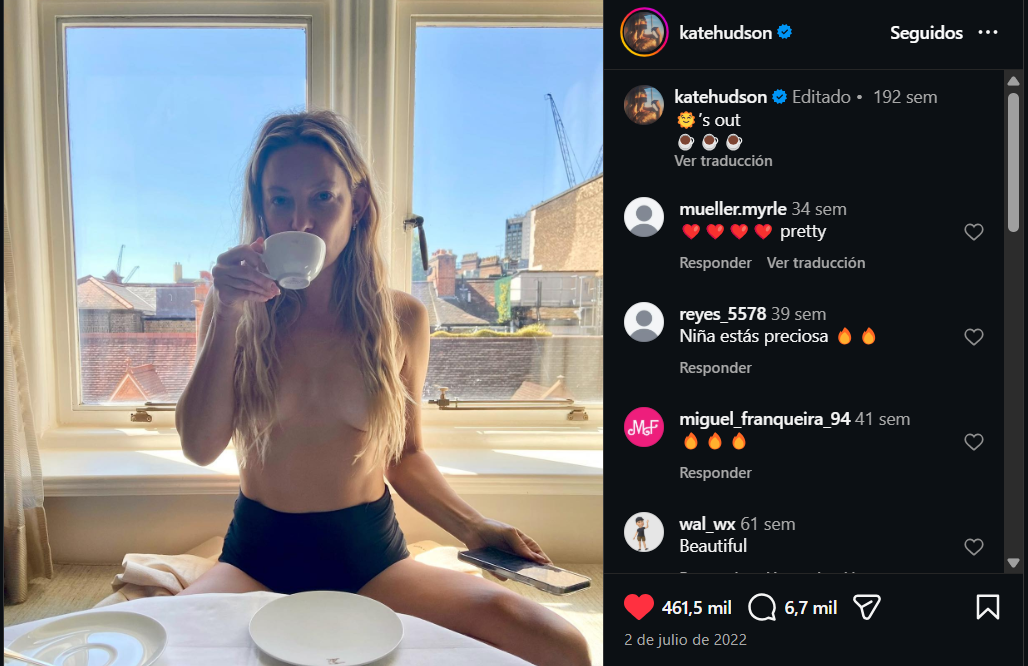Kate Hudson publica una foto en topless que enloquece Instagram