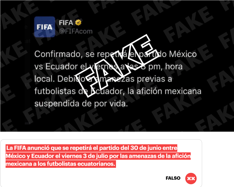 El supuesto ‘post’ de la FIFA anunciando la repetición del partido entre México y Ecuador es falso